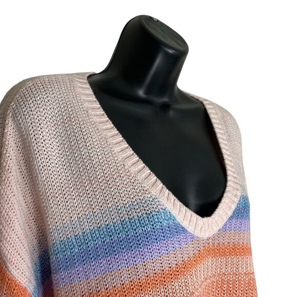 Loft Sweater Womens L Pastel Striped V-Neck Pullover Boho Preppy Slouchy Casual - Picture 7 of 11